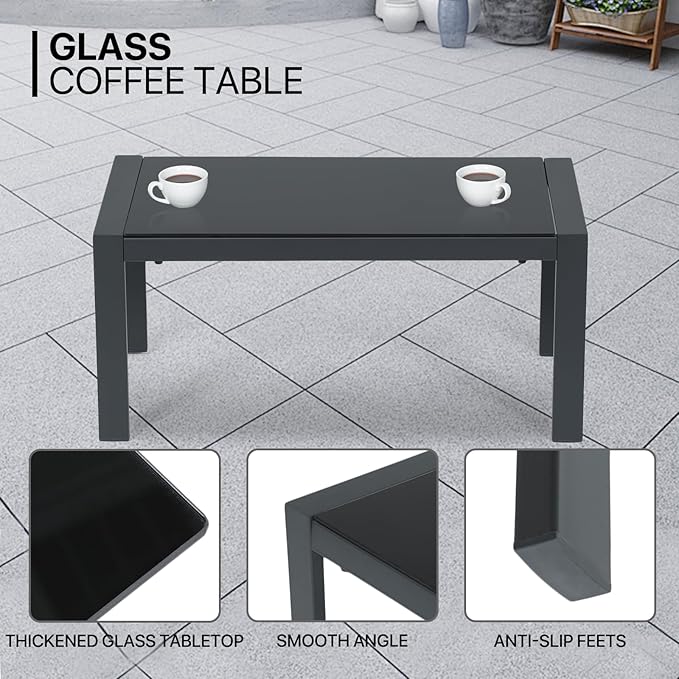 MoNiBloom 4 Pieces Outdoor Patio Furniture, All Weather Conversation Set with Tempered Glass Coffee Table for Garden Backyard Porch Balcony Poolside Deck Lawn, Loveseat Couch and Chairs with Cushions