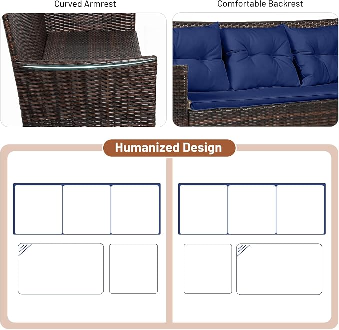 RELAX4LIFE 3 Pieces Patio Furniture Sectional Set, Rattan Wicker Conversation Set W/ 5 Cozy Seat & Back Cushions, Tempered Glass Coffee Table for Poolside, Balcony, Backyard Outdoor Furniture (Navy)