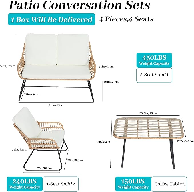 EortheX 4 Pieces Outdoor Patio Furniture Set,Patio Conversation Set,Rattan Wicker Bistro Sets with Loveseat Chairs and Modern Coffee Table for Backyard Deck Balcony and Garden Lounge Spaces - Beige