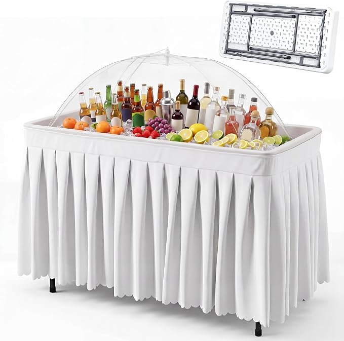46 Inch Folding Ice Cooler Table with Matching Skirt and Extra Large Mesh Food Cover Plastic Portable Ice Table to Keep Drinks Cool for Party Picnic BBQ Camping Fishing
