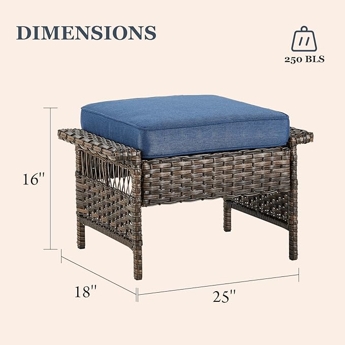 Patio Furniture Set 2 Wicker Patio Chairs with 2 PE Rattan Ottomans Brown Wicker Blue Cushions Patio Conversation Set 4pcs for Garden Balcony Sunroom Backyard Poolside