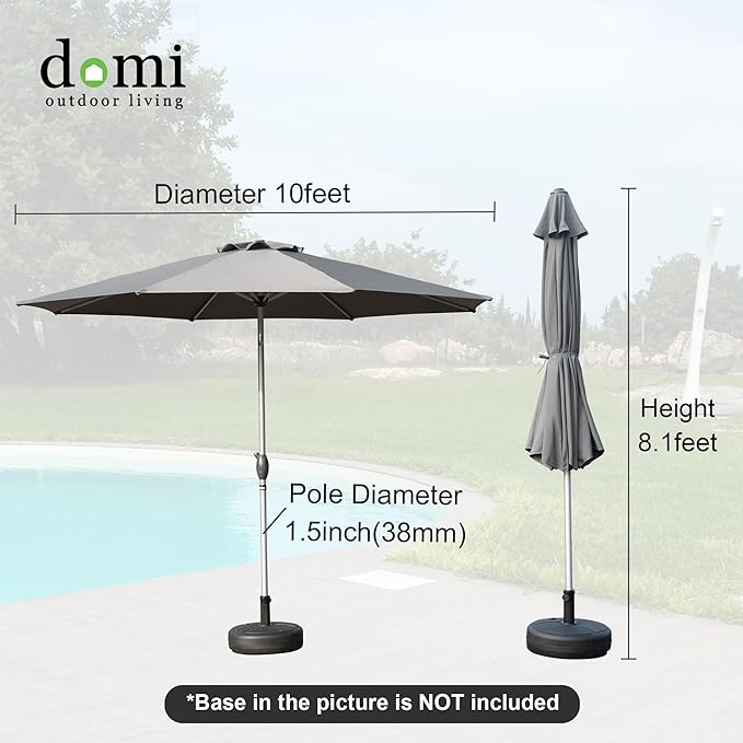 Domi 10FT Patio Umbrella Outdoor Market Umbrella with Silver Aluminum Pole, UV Resistant Canopy, Wind Vent, Tilt & Crank System, Perfect for Patio, Garden, Deck, Pool, Outdoor Dining, Gray