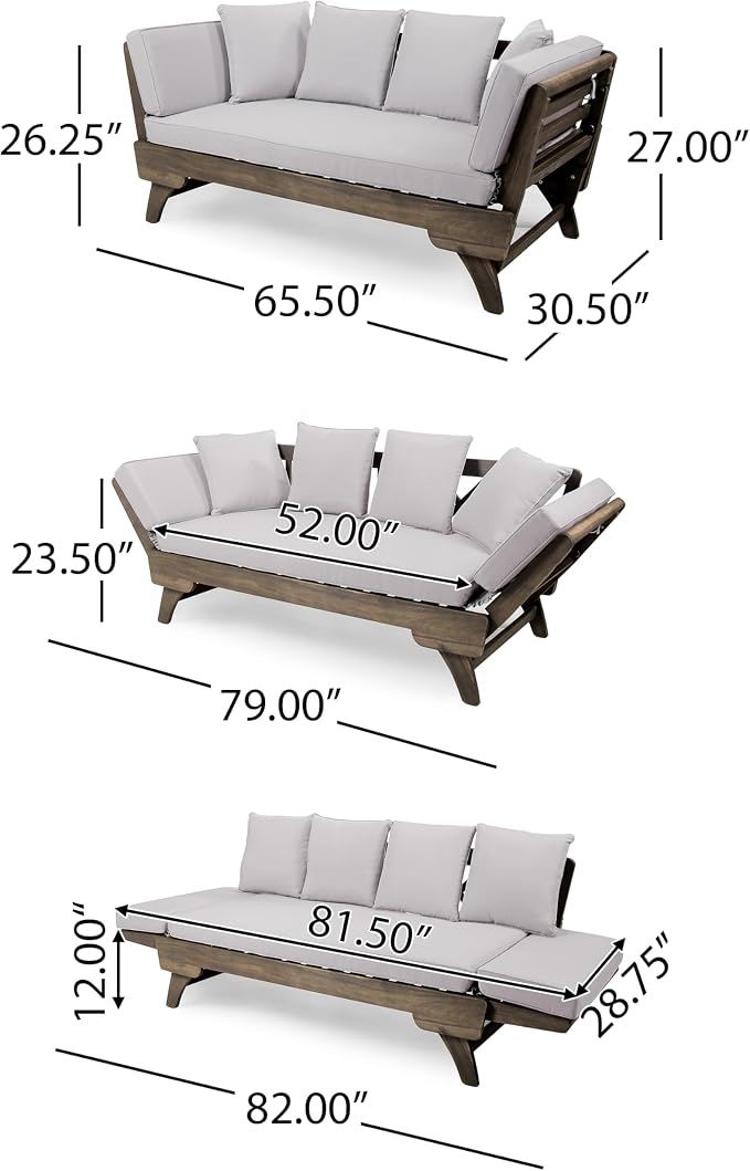 Merax Outdoor Patio Daybed Sofa,3-Seat Sofa with Foldable Arm 4 Back Pillows,Teak Acacia Wood Frame Beige Removable Cushion,Grey