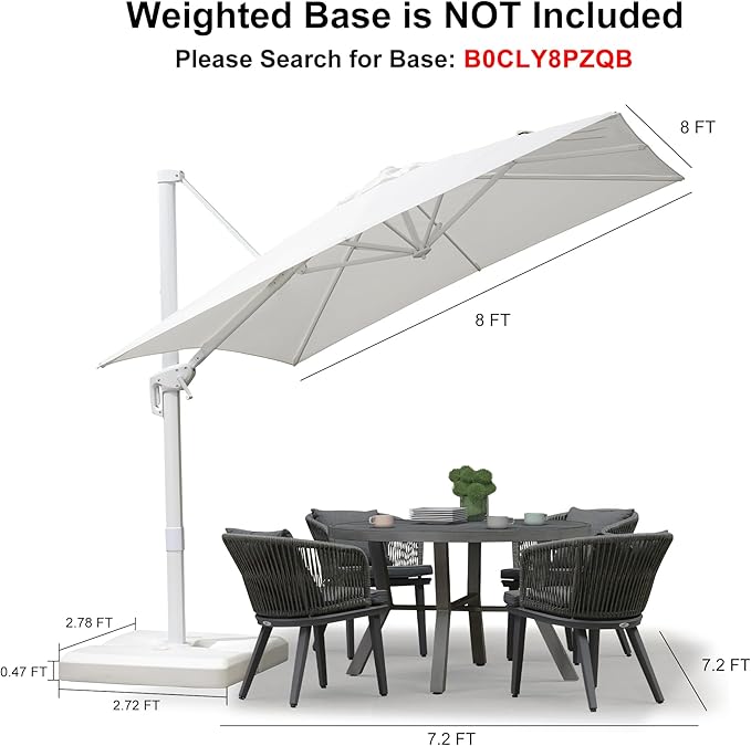 PURPLE LEAF 8 FT White Cantilever Patio Umbrella Aluminum Square Outdoor Offset Umbrella Hanging Windproof with 360° Rotation for Garden Deck Pool, White