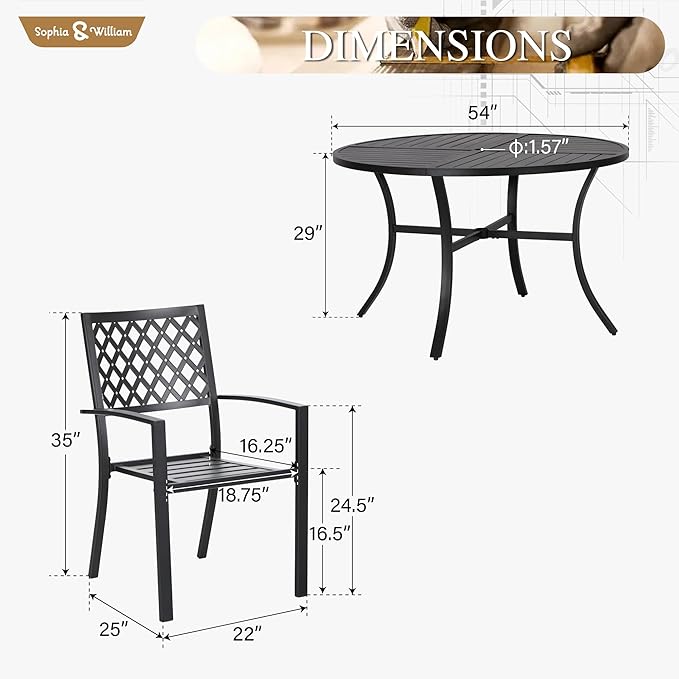 Sophia & William Round Patio Table and Chairs Set, Outdoor Dining Set for 6, 7 Piece Metal Patio Furniture, 54" Black Table(Diamond)