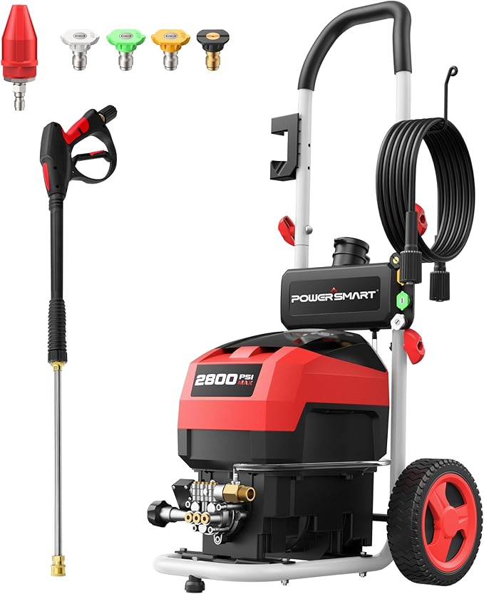 PowerSmart 2800 PSI Electric Pressure Washer with 2.0 GPM, 8" Wheels, 5 Nozzles & 1.5L Foam Tank for Patio, Car, Driveway, Fence and Home Cleaning