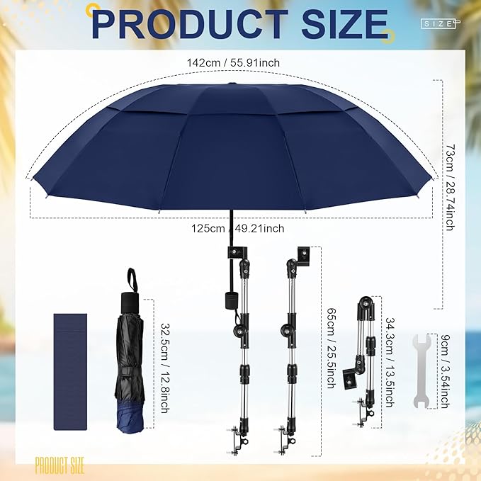 2 Pack Large Double Canopy Sun Umbrella for Chairs with Square Tube Clamp Foldable Portable Beach Umbrella for Chair Golf Cart Patio Wheelchair Outdoor Camping Fishing
