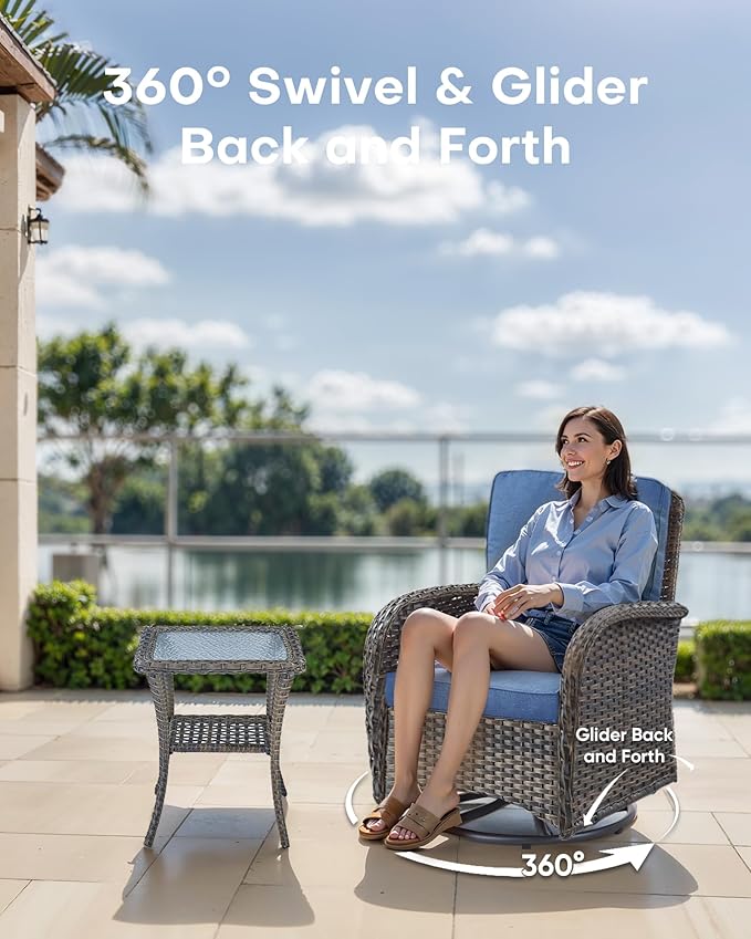 6 Pieces Furniture-Patio Swivel Rocker Chairs Set of 2 3-Seater Wicker Couch with Outdoor Ottoman Outdoor Patio Furniture Set for Deck Porch Garden Balcony Poolside-Brown/Blue