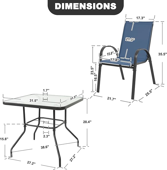 NUU GARDEN 5 Piece Patio Dining Set, Metal Outdoor Table with 31.5" Square Table and Umbrella Hole, 4 Stackable Chairs, Patio Furniture for Lawn Balcony Garden, Blue and Black