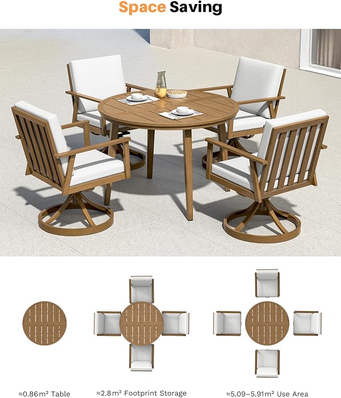 41" Round Outdoor Dining Table, Never-Rust Aluminum Patio Dining Table with Umbrella Hole, Round Patio Table for 4, Outdoor Round Dining Table for Backyard, Deck, Gardens, Teak