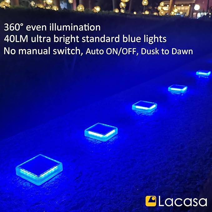 Lacasa 4-Pack Solar Dock Lights - Marine Blue Square LED Garden Deck Step Lights - Solar Powered, Dusk to Dawn for Yard Patio Pathway