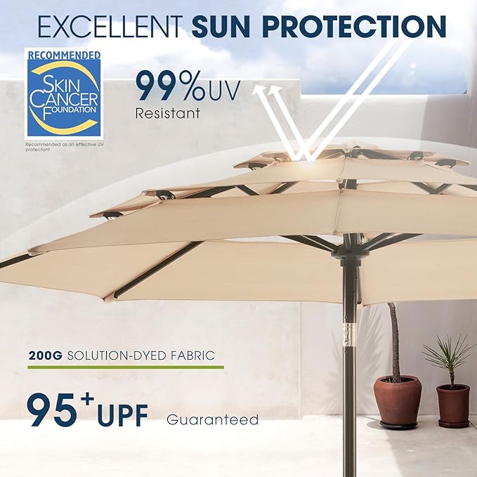 wikiwiki 9ft 3-Tier Patio Umbrella Outdoor Table Market Umbrella for Patio with Push Button Tilt/Crank, Fade Resistant Waterproof POLYESTER Canopy for Garden, Lawn, Deck, Backyard & Pool, Beige