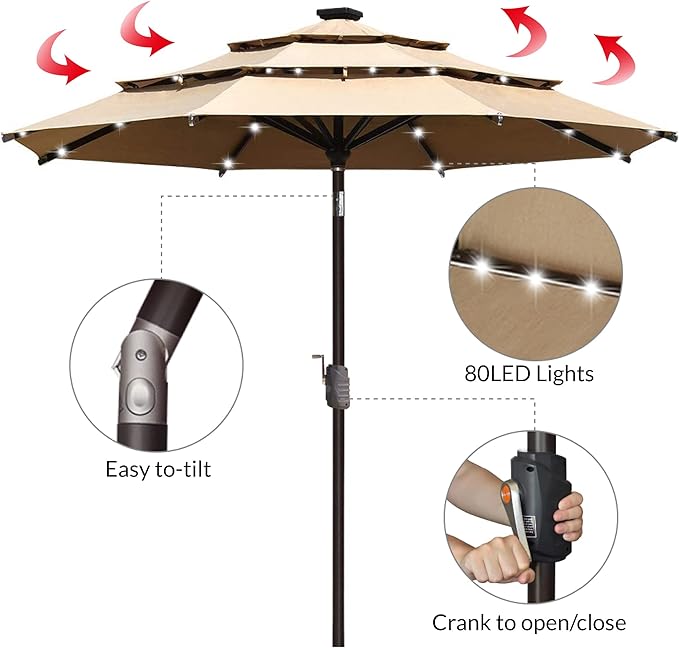 EliteShade USA 10-Year-Non-Fading 9ft 3-Tier Market Patio Umbrella, Commercial Table Umbrella with 80 Solar LED Lights, Crank Open, Windproof & UPF 50+ UV Protection for Garden, Deck, Pool, Backyard, Heather Beige