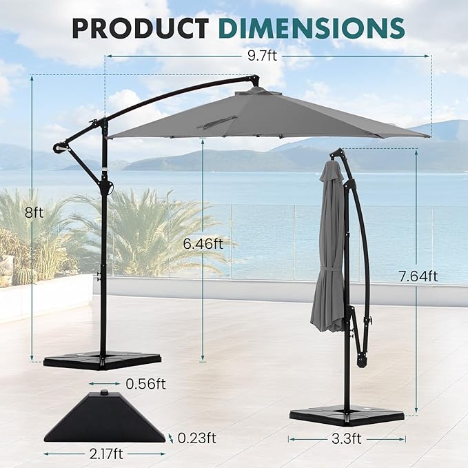 OLIXIS 9.8FT Offset Patio Umbrella with Base, Cantilever Table Umbrellas for Outdoor Sun Shade UV Protection with Easy Tilt Adjustment, 8 Ribs for Backyard, Lawn, Garden, Pool