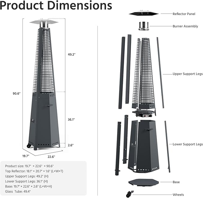 LAUSAINT HOME Pyramid Patio Heater, 48,000 BTU Outdoor Propane Heaters for Outdoor Use, Upgraded 91" Quartz Glass Tube Heater for Patio, Deck Backyard Commercial with Tip-Over Protection