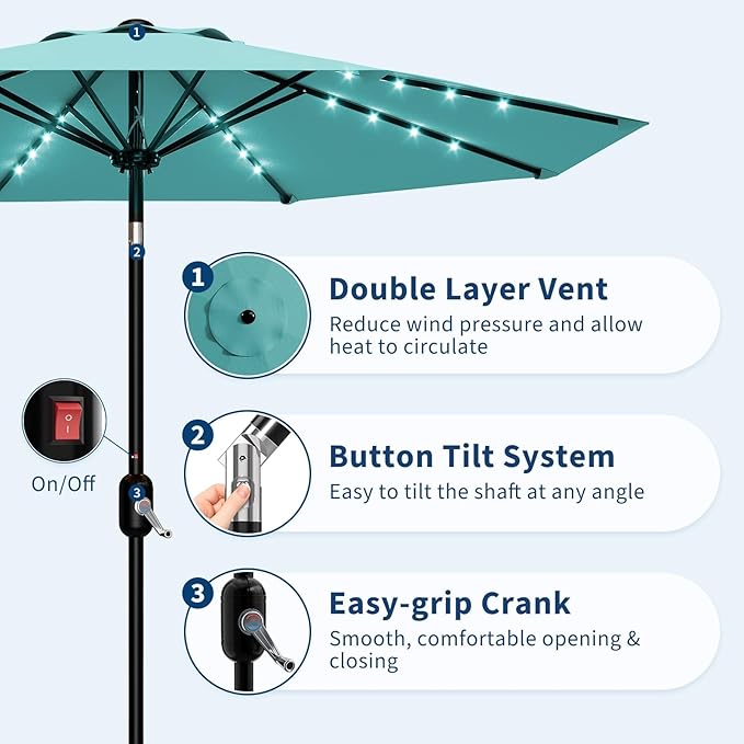 10FT Patio Umbrella with Solar Lights, Outdoor Table Umbrella with Tilt & Crank, 8 Ribs Waterproof UV Protected for Pool, Deck, Backyard, Turquoise Blue
