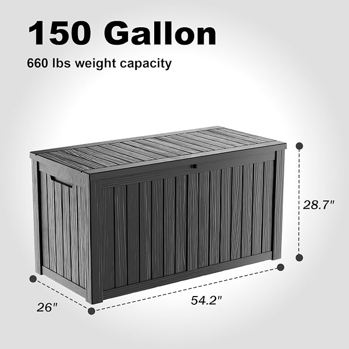 PatioZen 150 Gallon Resin Deck Box, Lockable Patio Outdoor Storage Box for Furniture, Garden Tools and Tools Storage, Waterproof Outside Storage Boxes - Black