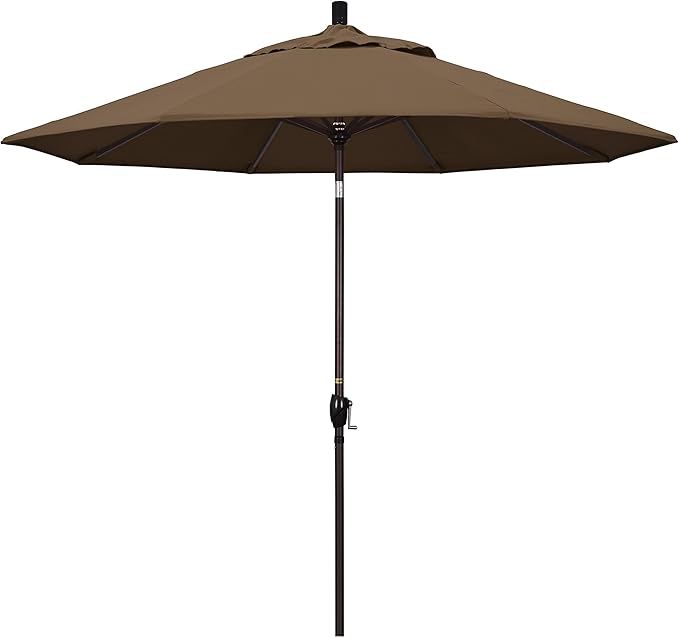 California Umbrella 9' Round Aluminum Market Umbrella, Crank Lift, Push Button Tilt, Bronze Pole