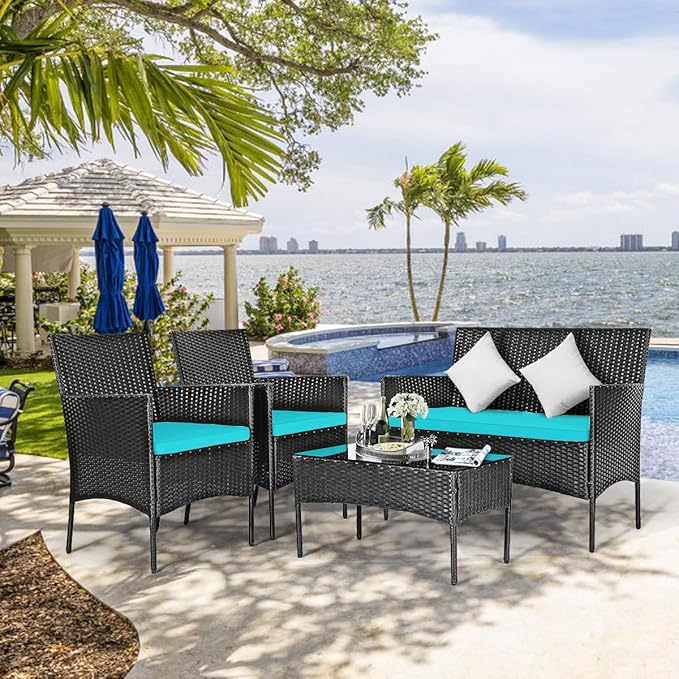 DORTALA 8 Pieces Patio Furniture Set, Rattan Conversation Set with Coffee Table & Cushions, Outdoor Wicker Sofa Set for Poolside, Backyard, Turquoise