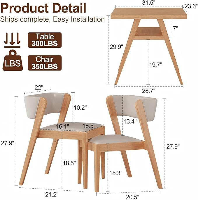 Solid wood Bistro dining table set 3 pcs Outdoor Patio Dining table Set of 2 with upholstered chairs Stackable Chair and Table Design Patio Conversation Set for Lawn,Deck,Backyard,Natural wood color