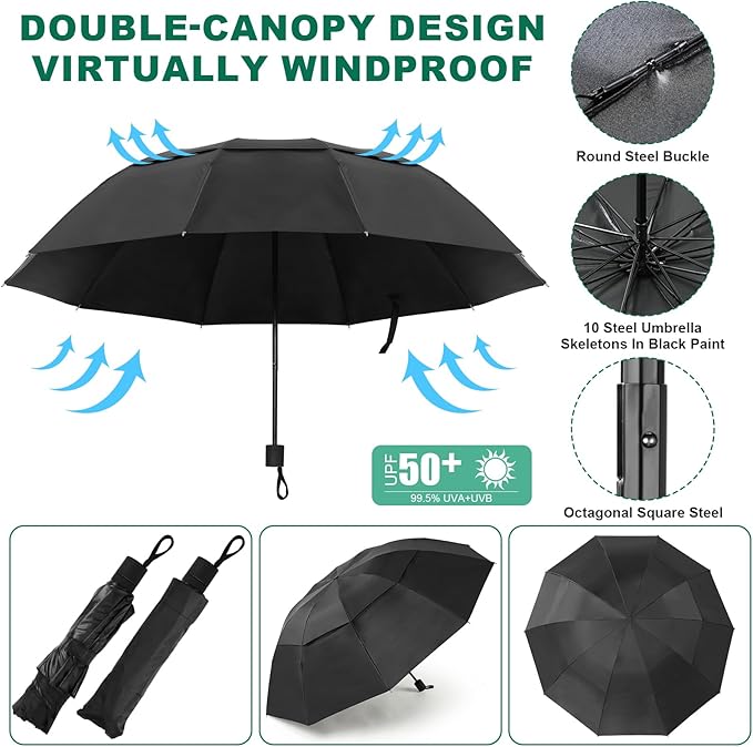 2 Pack Large Double Canopy Sun Umbrella for Chairs with Square Tube Clamp Foldable Portable Beach Umbrella for Chair Golf Cart Patio Wheelchair Outdoor Camping Fishing