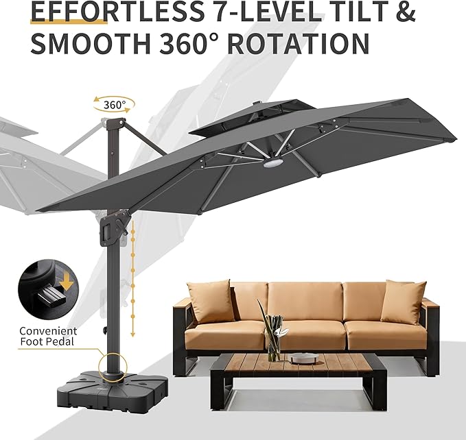 10 X 13 FT Cantilever Patio Umbrella with Base Included & Led Lights Outdoor Rectangle Offset Large Double Top Heavy Duty Umbrellas 360°Rotation for Pool Deck Backyard Garden, Gray