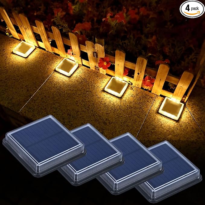 Lacasa Solar Deck Lights, 4 Pack Warm White Outdoor In-Ground Driveway Walkway Dock, IP68 Waterproof Solar Powered Stair Step Pathway Fence Auto On/Off LED for Garden Yard Patio