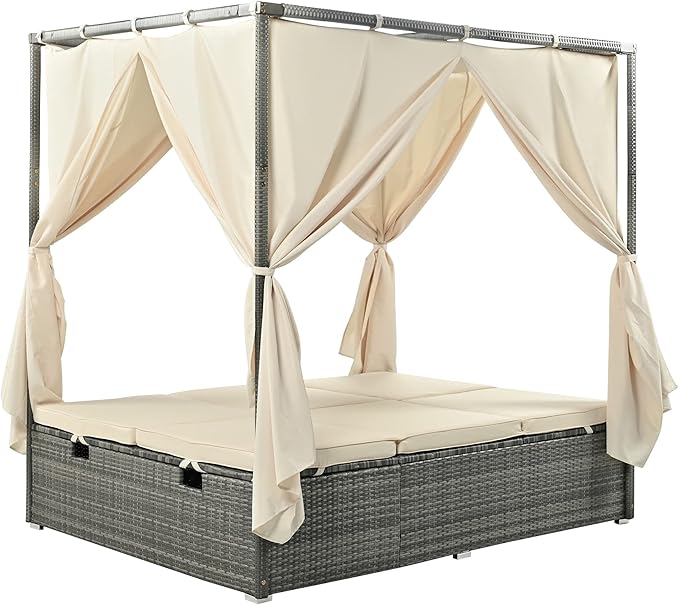KEVINSPACE Outdoor Daybed with Curtain Canopy Bed Patio Furniture Adjustable Sunbed Set All-Weather Rattan Sun Lounger Patio Wicker Sofa Set Patio Conversation Set Curtains for Garden Yard Beige