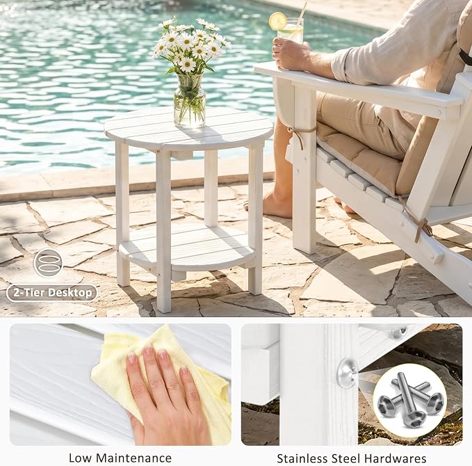 2 Tier Round Outdoor Side Table with Wood-Like Grain, HDPE Adirondack Table Patio Side Table, Weather Resistant End Table for Pool, Patio & Porch, Small Outdoor Table (White, Round)