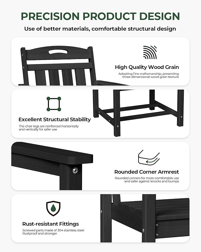 Patio Chairs, HDPE Outdoor Dining Chairs with Wide Seat, All Weather Oversized Porch Chair for Garden, Backyard, Deck - Black