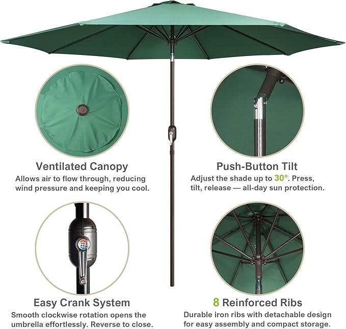 Blissun 10FT Outdoor Patio Umbrella, Outdoor Table Umbrella, Yard Umbrella, Market Umbrella with 8 Sturdy Ribs, Push Button Tilt and Crank