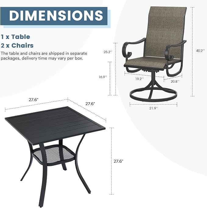 DIFY 3 Pieces Outdoor Patio Dining Set for 2, 27.6" Small Black Square Metal Dining Table and 2 Brown Swivel Patio Dining Chairs, Outdoor Table and Chairs for Backyard Porch Poolside