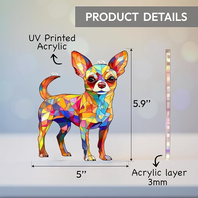 Chihuahua Gifts for Women, Colorful Chihuahua Ornament for Window Hanging | 5"x5.9" Acrylic Suncatcher Ornament Faux Stained Glass, Dog Lovers Gifts for Women, Dogs Christmas Ornaments for Tree Hanging