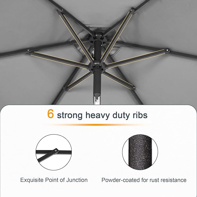 Rectangle Patio Umbrella with Solar Lights, 6x9ft Outdoor Rectangular Table Market Umbrella Patio with Push Button Tilt and Crank for Pool, Deck, Garden,Backyard