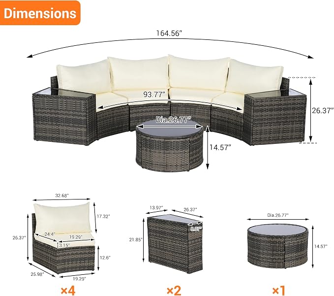 KEIKI 7-Piece Half-Moon Outdoor Patio Furniture Set, Rattan Patio Conversation Set with Coffee Table & 2 Sofa Side Table & 4 Curved Armless Sofa, Wicker Curved Sectional Sofa Set, for Backyard, Beige