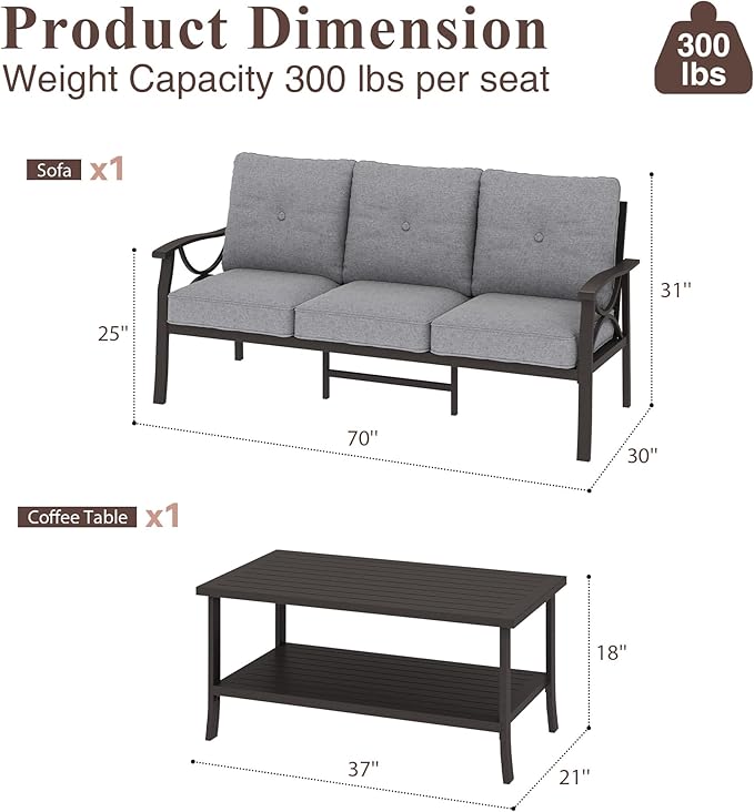RoyalCraft Outdoor Patio Furniture Set, 2 Piece Patio Conversation Set, Metal Furniture Set with 3 seat Sofa for Porch Backyard,Khaki Metal Furniture with Gray Cushions