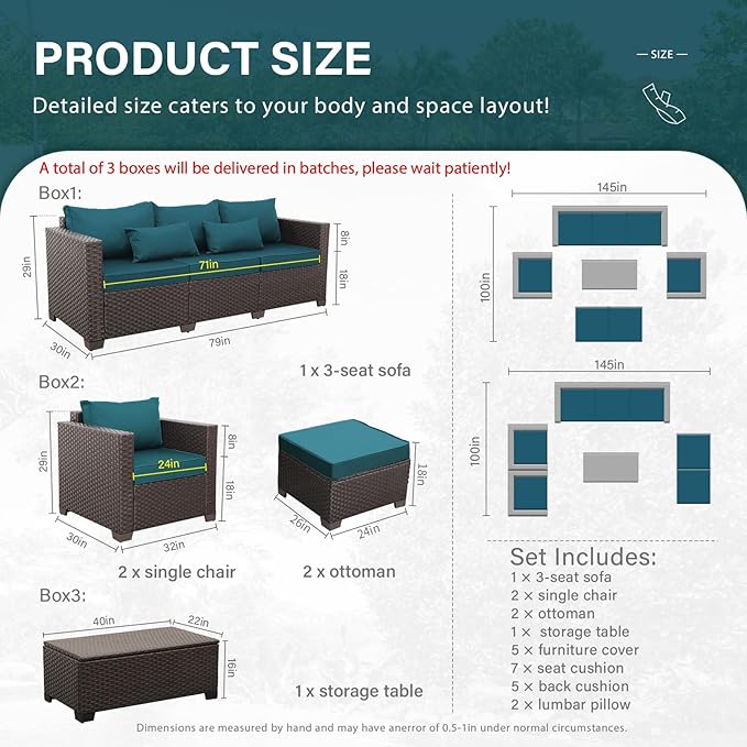 Patio Outdoor Furniture Conversation Sets 6 Pieces Wicker Sofa Set with Outdoor Couch Patio Chairs and Storage Table Non-Slip Cushions Waterproof Covers, Peacock Blue