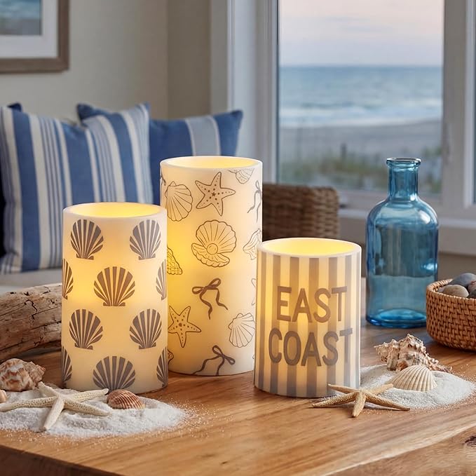 Baquler 3 Pcs Seashell Last Toast on The Coast Bachelorette Decorations East Coast Flameless Candles Bow Starfish and Seashell Flickering Candles with Remote Battery Operated LED Home Decorations