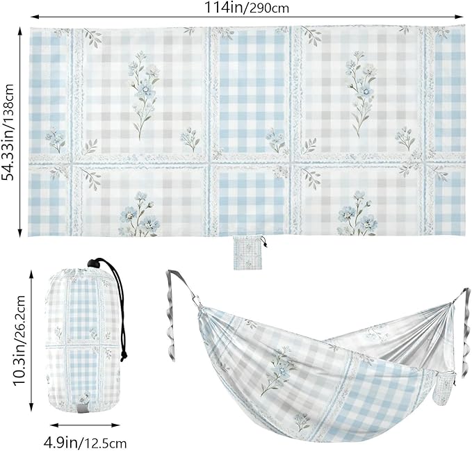 Blue Gingham Floral Hammocks for Camping with Portabl Carry Bag Hanging Hammock Outside Beach Patio Garden