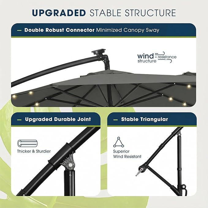 wikiwiki 10ft Solar LED Offset Patio Umbrella, Outdoor Cantilever Patio Umbrellas with Solor Lights for Backyard, Poolside and Garden, Easy Tilt Adjustment, 32 LED Lights & Polyester Shade, Dark Gray