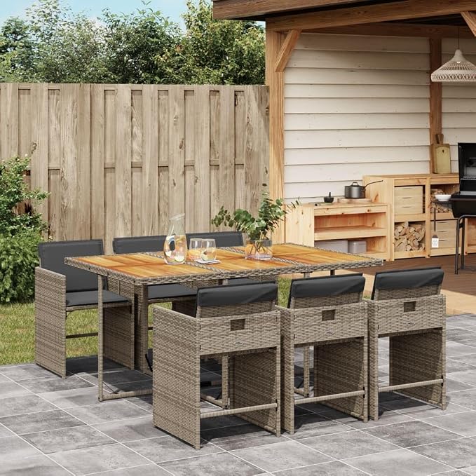 7 Piece Patio Dining Set with Cushions Gray Poly Rattan Outdoor Table and Chairs for Garden Backyard Deck Entertaining UV-Proof Folding Stackable