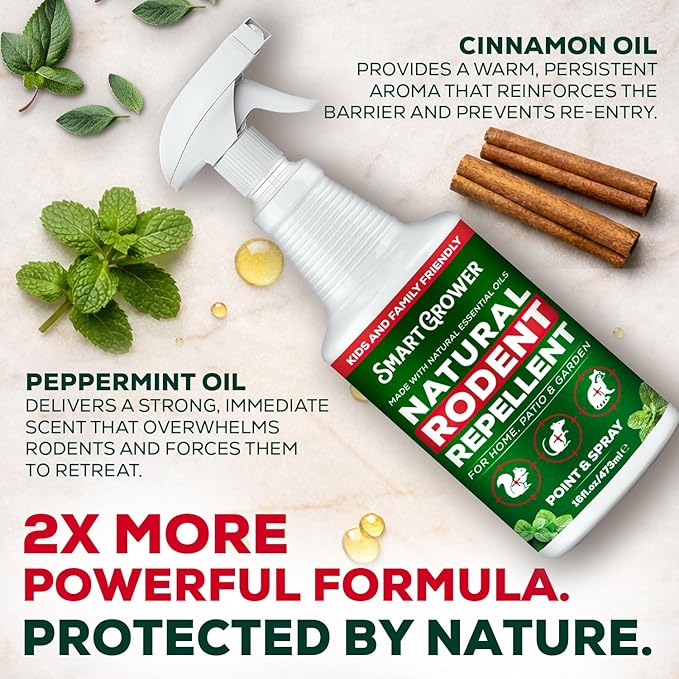 Peppermint Oil Spray for Rodents – Maximum Strength Ready to Use Peppermint Spray for Rodent, Mice, Squirrels – Indoor, Outdoor & Car Engine Protection – 16 oz