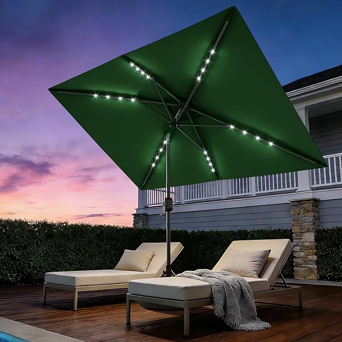 Garvee 10' x 6.5' Solar Rectangular Patio Umbrella with Lights, Outdoor Table Umbrella with Crank and Push Button Tilt, Market Umbrella with 6 Sturdy Ribs Tilt for Garden, Deck, Lawn, Pool