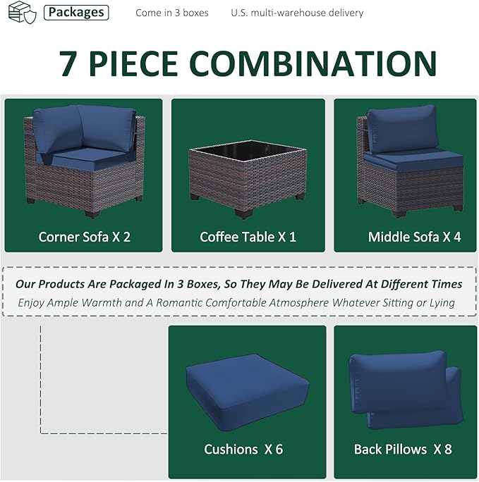 7 Pieces Outdoor Patio Furniture Set,Outdoor Sectional Furniture All Weather PE Rattan Wicker Patio Conversation Set with Coffee Table and 6 Thickened Cushions,Navy Blue