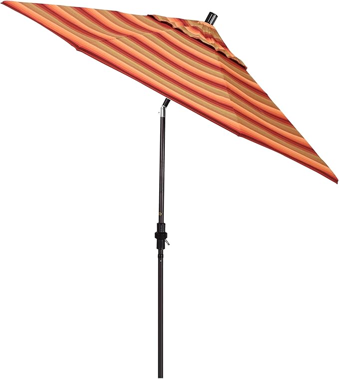 California Umbrella 9' Round Crank Lift, Collar Tilt, Aluminum Pole, Fiberglass Rib Patio Umbrella, Bronze Finish, Sunbrella Astoria Sunset