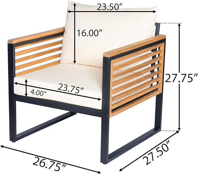 Virubi 4-Piece Acacia Wood and Metal Patio Sofa Set, Sturdy Iron & Acacia Frame, Water-Repellent Upholstery Cushions, Outdoor Conversation Sofa Set with 3-Seater, Club Chair, Ottoman & Table