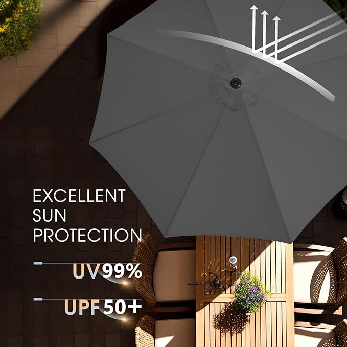 wikiwiki 9 FT Patio Umbrellas Outdoor Table Market Umbrella with Push Button Tilt/Crank, 8 Sturdy Ribs, Fade Resistant Waterproof POLYESTER DTY Canopy for Garden, Lawn, Backyard & Pool, Dark Gray