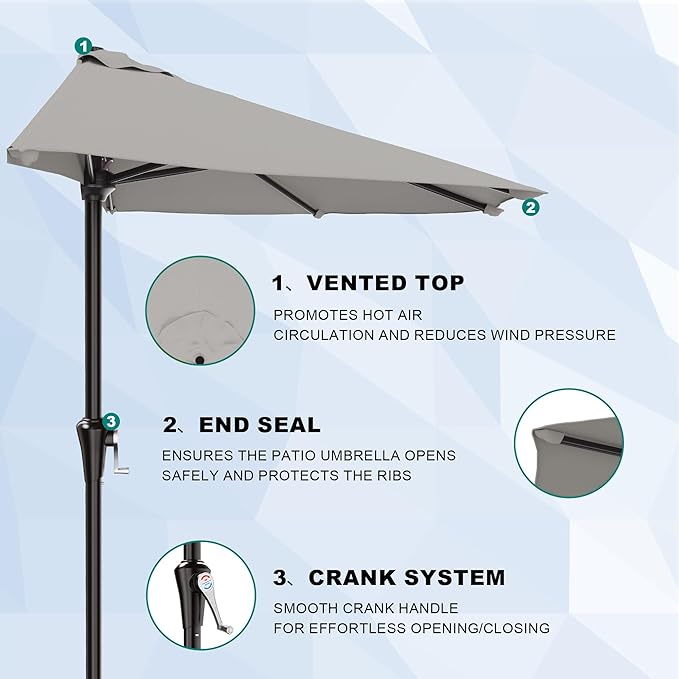 AreShark 9FT Half Patio Umbrella, Outdoor Wall Umbrella with Crank & 5 Sturdy Ribs, Table 1/2 Umbrella Patio for Garden, Deck, Balcony and Pool, Foggy Gray