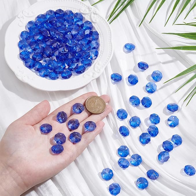 120Pcs Blue 14mm Octagonal Crystal Beads Prism Beads Bulk with 2 Holes Crystals Chandelier Replacement Parts Connector Sun Catcher Faceted Spacers for DIY Lamp Hanging Pendant Jewelry DIY