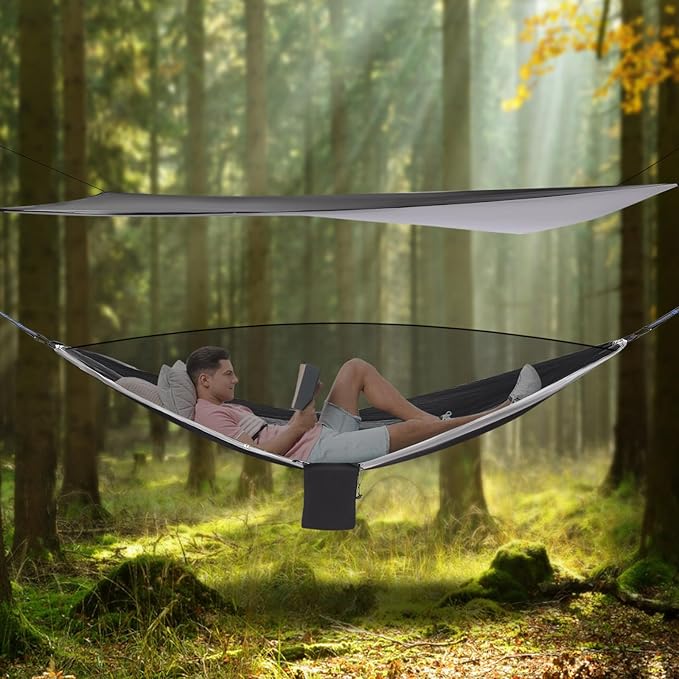 Camping Hammock, Reversible Hammocks with Mosquito Net Tent and Rain Fly Tarp, 200kg Load Bearing Portable Camping Hammock, Hammock for Backpacking and Travel(9.5 * 4.5)